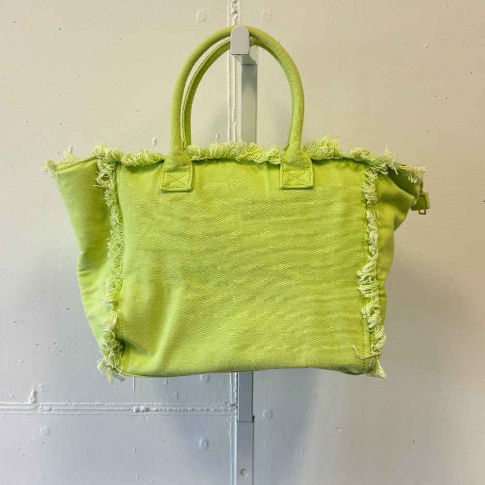 Kaymey Lime Green Canvas Frayed Edge Tote Bag Zippered Handbag Medium